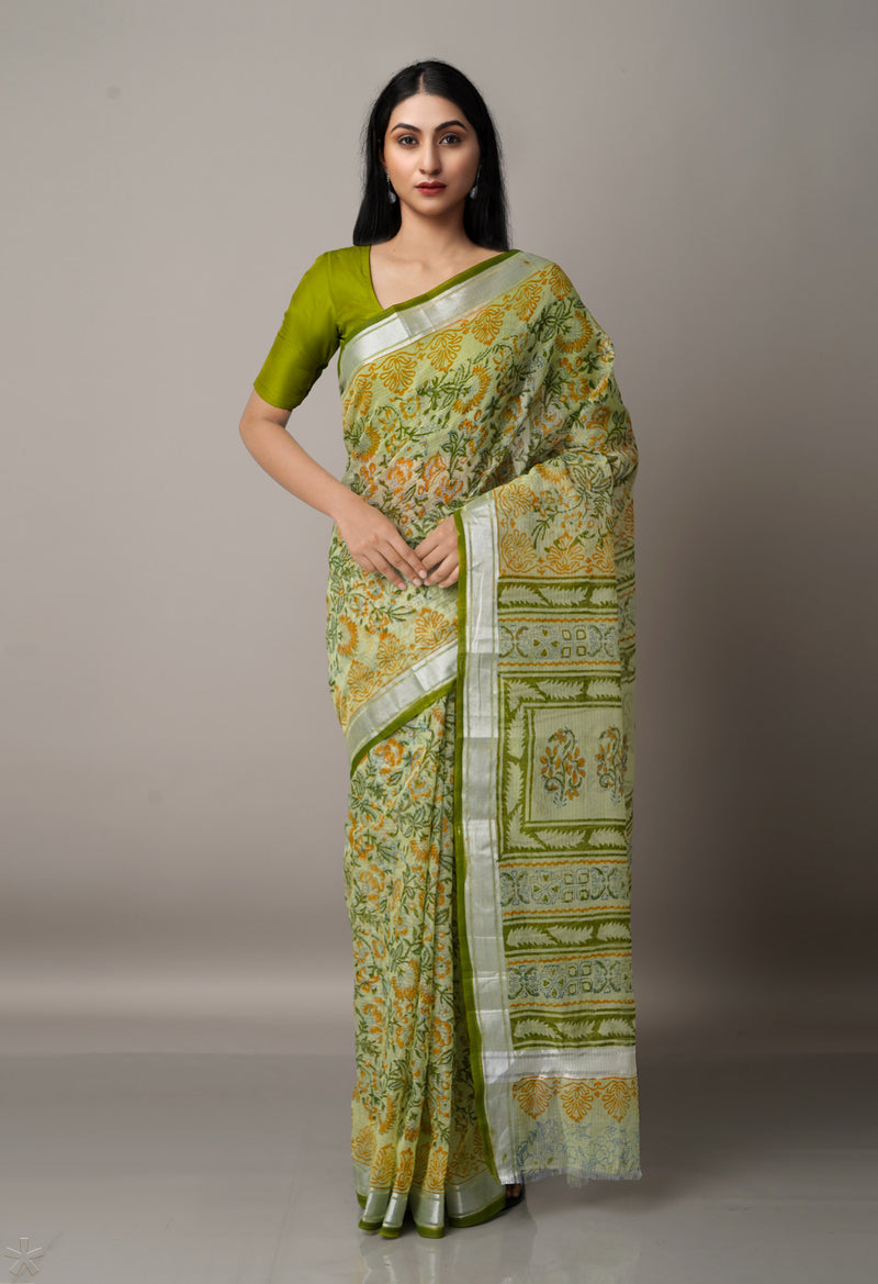 Light Green Pure Block Printed Kota Cotton Saree-UNM67022