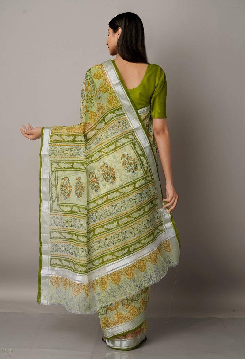 Light Green Pure Block Printed Kota Cotton Saree-UNM67022