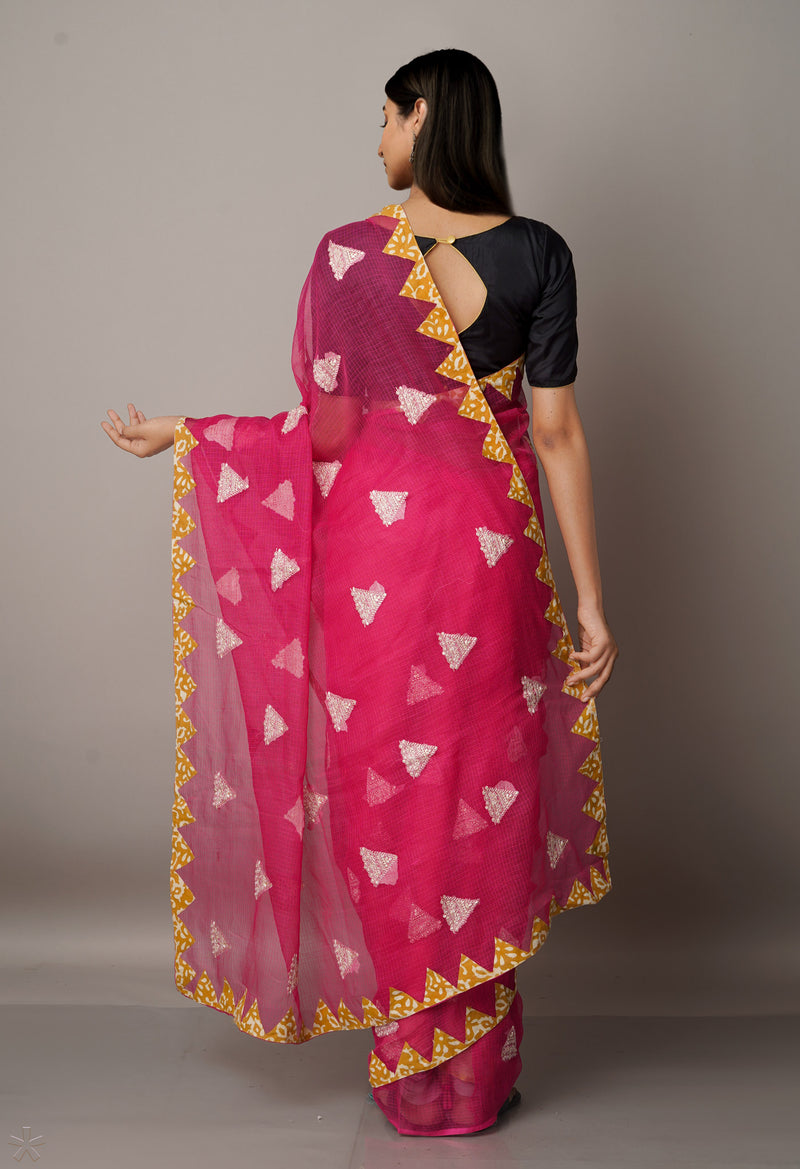 Pink  Cross Stitched Embroidered Supernet Saree-UNM67096