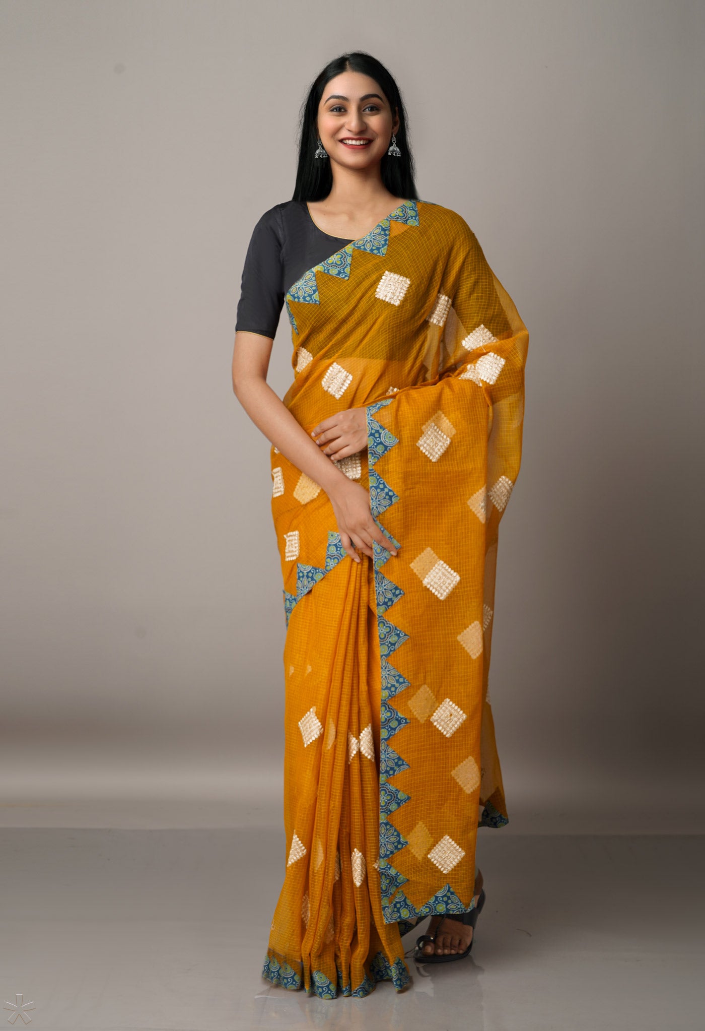 Mustard Yellow  Cross Stitched Embroidered Supernet Saree-UNM67099