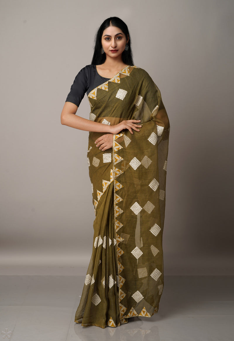Green  Cross Stitched Embroidered Supernet Saree-UNM67100