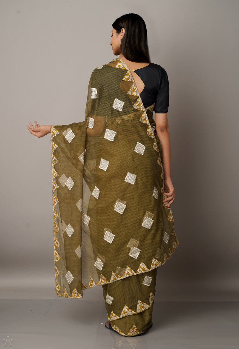 Green  Cross Stitched Embroidered Supernet Saree-UNM67100