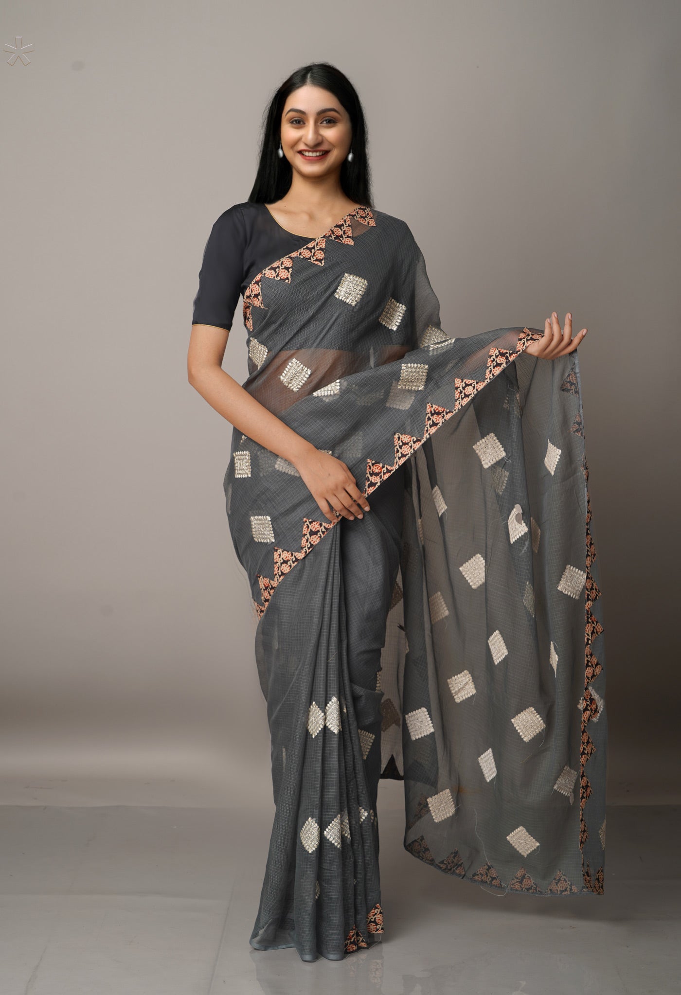 Grey  Cross Stitched Embroidered Supernet Saree-UNM67101