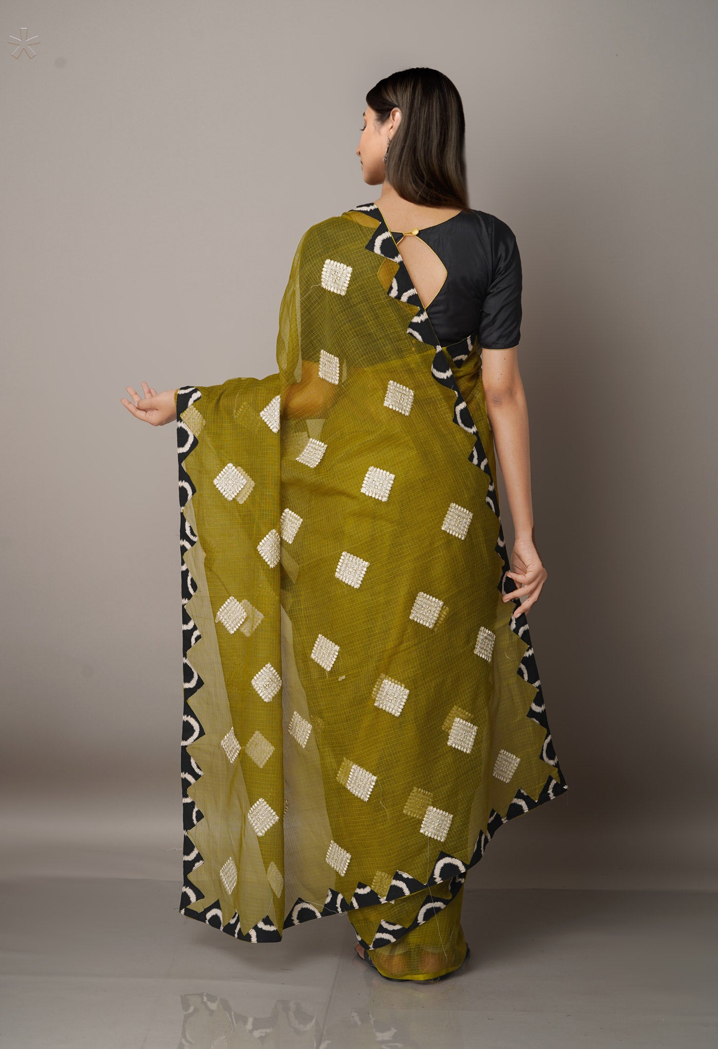 Green  Cross Stitched Embroidered Supernet Saree-UNM67104