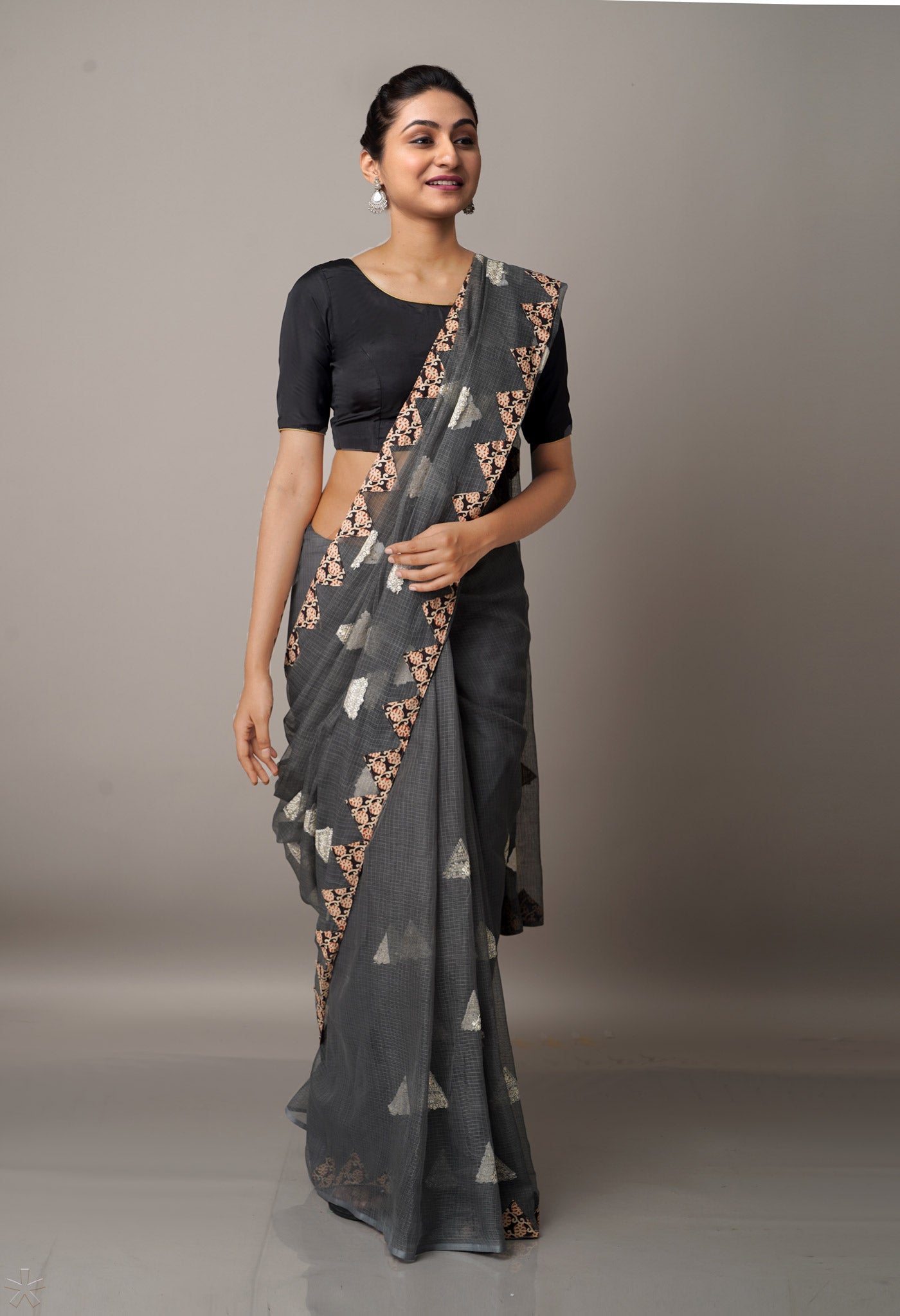 Grey  Cross Stitched Embroidered Supernet Saree-UNM67105