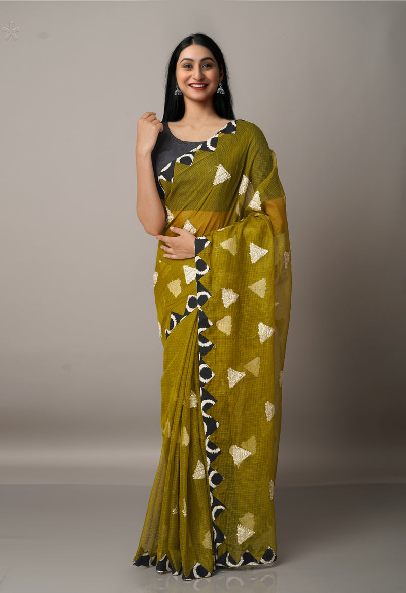 Green  Cross Stitched Embroidered Supernet Saree-UNM67106