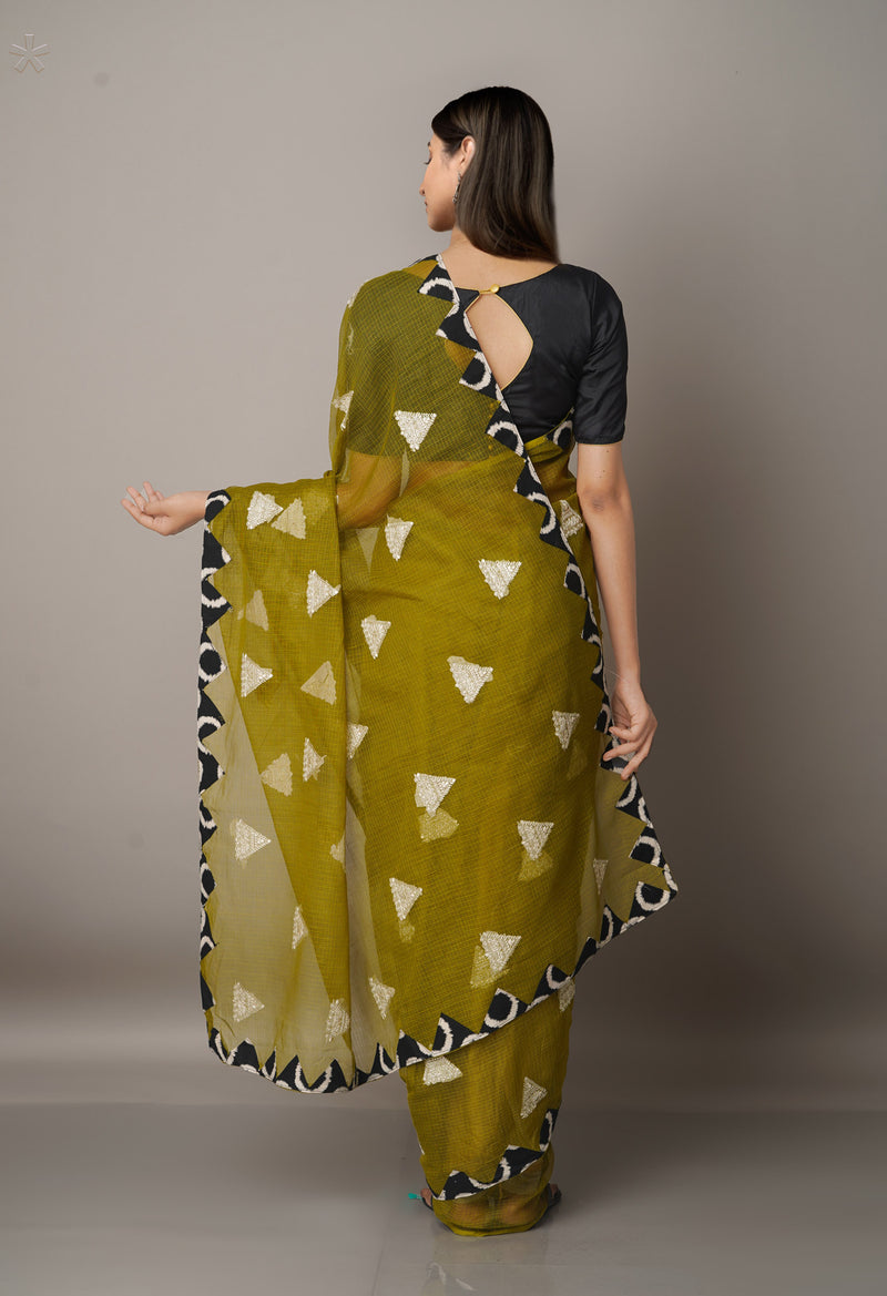 Green  Cross Stitched Embroidered Supernet Saree-UNM67106