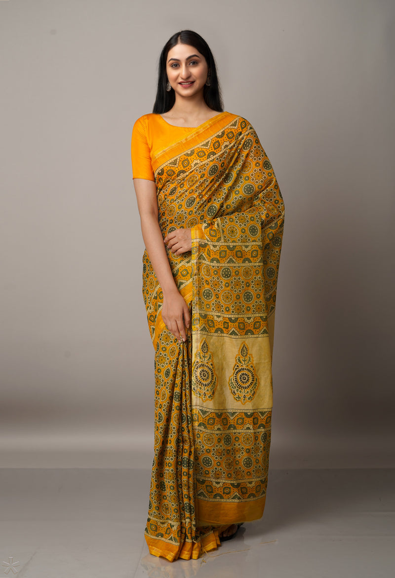 Yellow Pure Ajrakh Chanderi Sico Saree-UNM67107