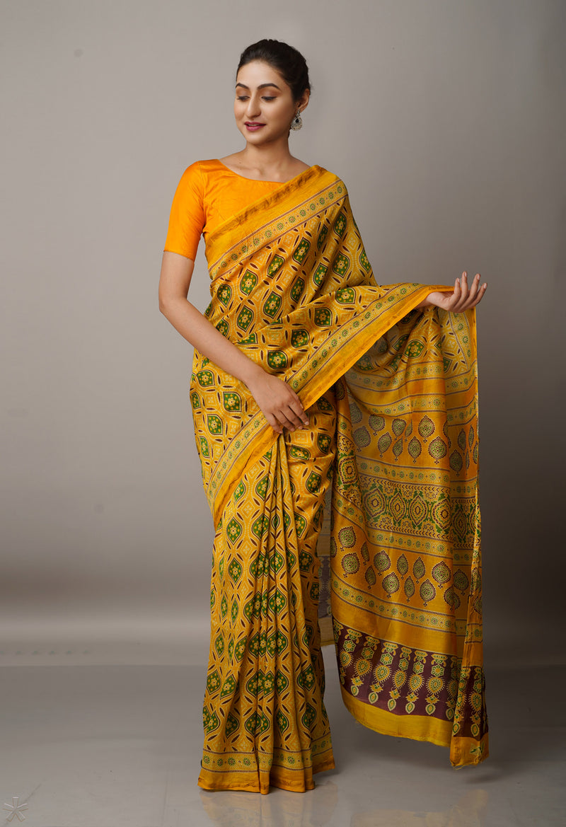 Yellow Pure Ajrakh Chanderi Sico Saree-UNM67108
