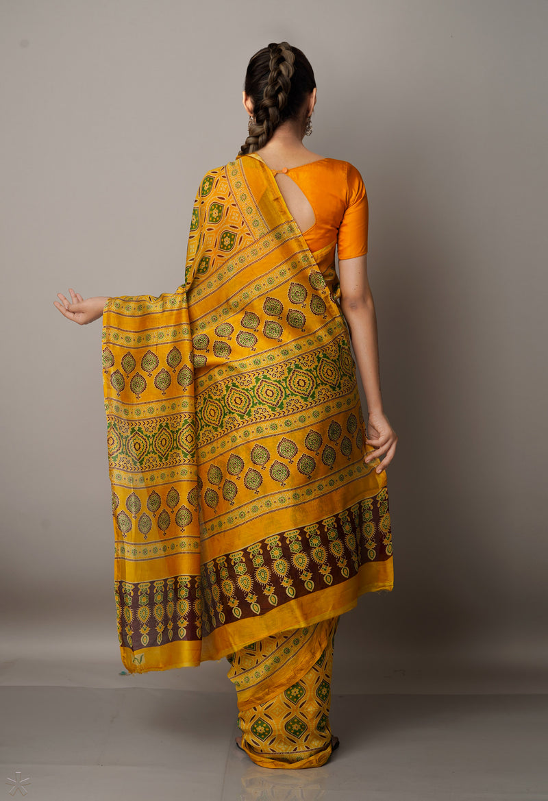 Yellow Pure Ajrakh Chanderi Sico Saree-UNM67108