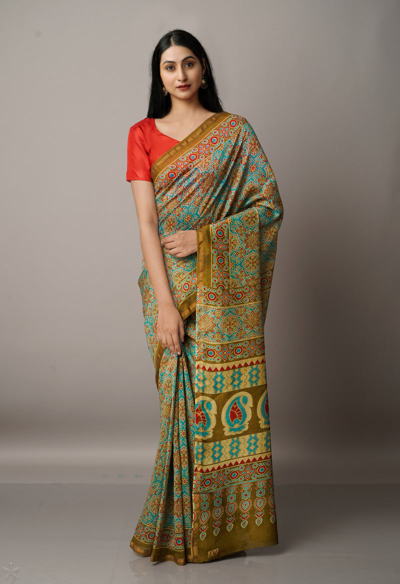 Blue Pure Ajrakh Chanderi Sico Saree-UNM67111