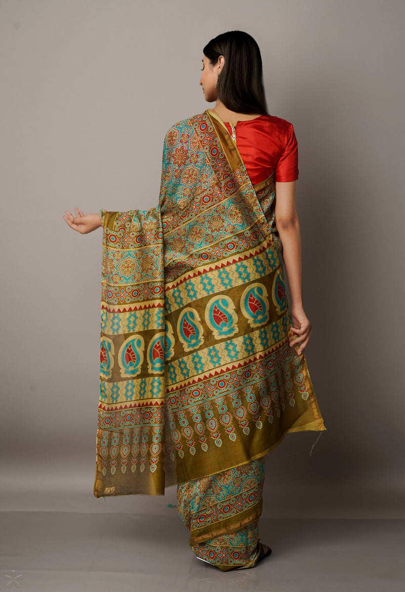 Blue Pure Ajrakh Chanderi Sico Saree-UNM67111
