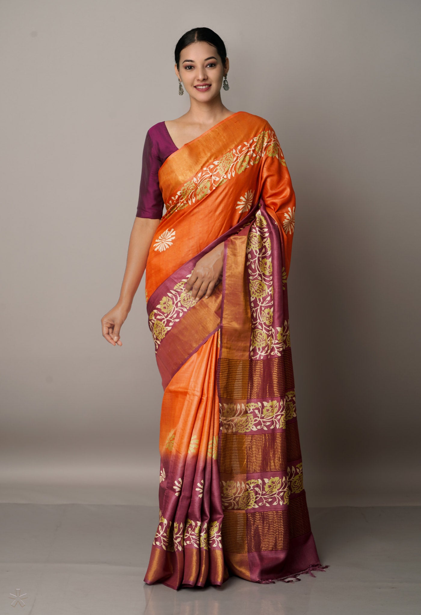 Orange-Pink Pure Handloom Bengal Tussar Silk Saree-UNM67123