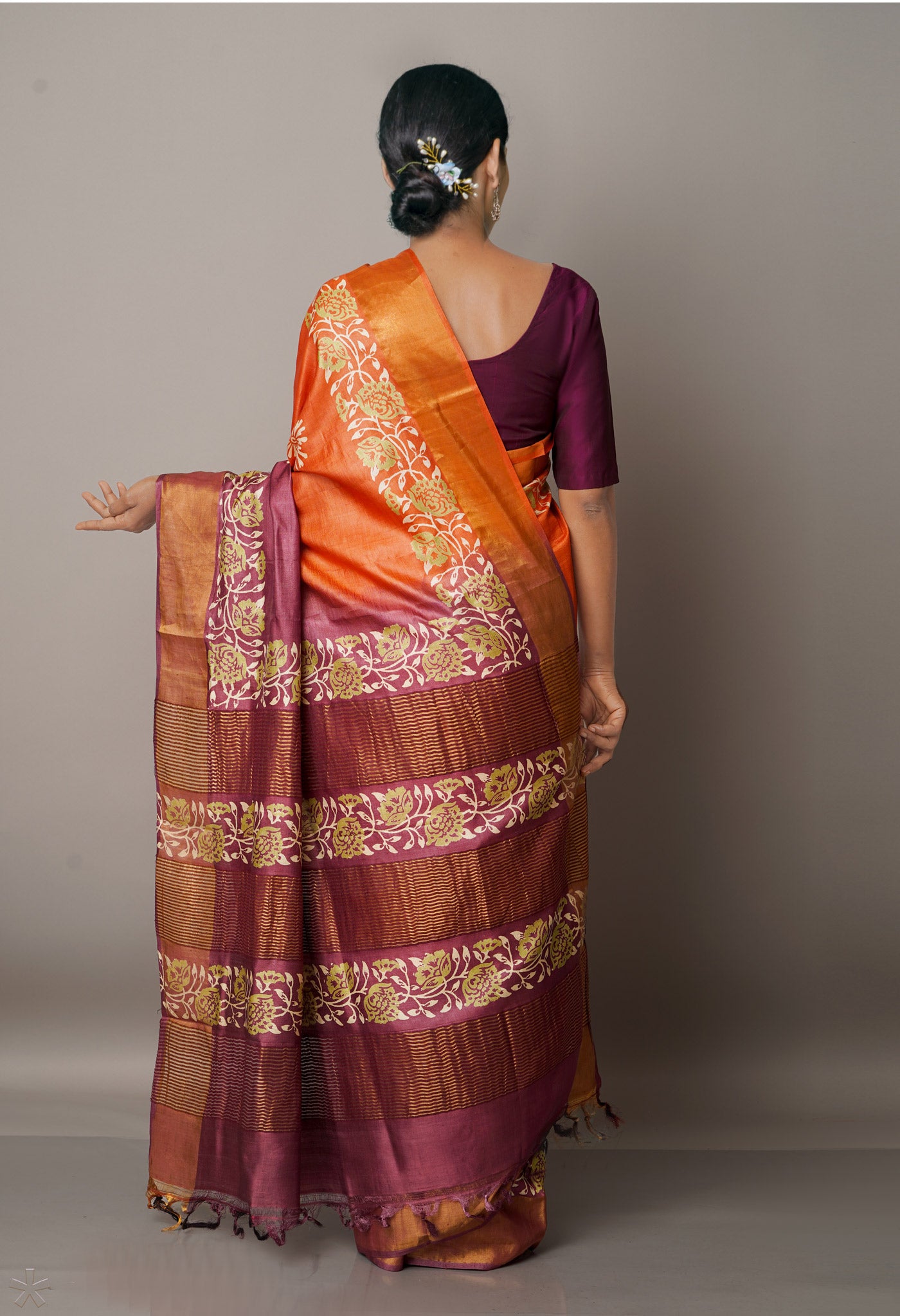 Orange-Pink Pure Handloom Bengal Tussar Silk Saree-UNM67123