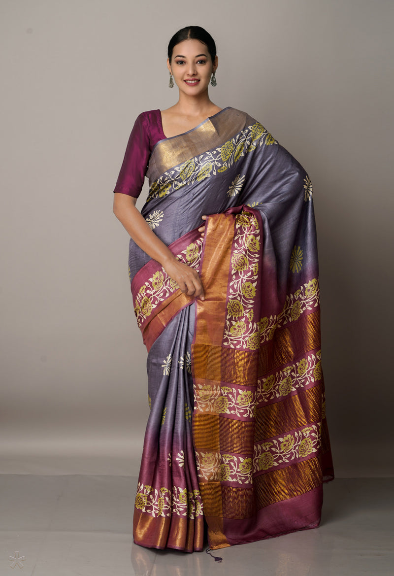 Grey-Purple Pure Handloom Bengal Tussar Silk Saree-UNM67124