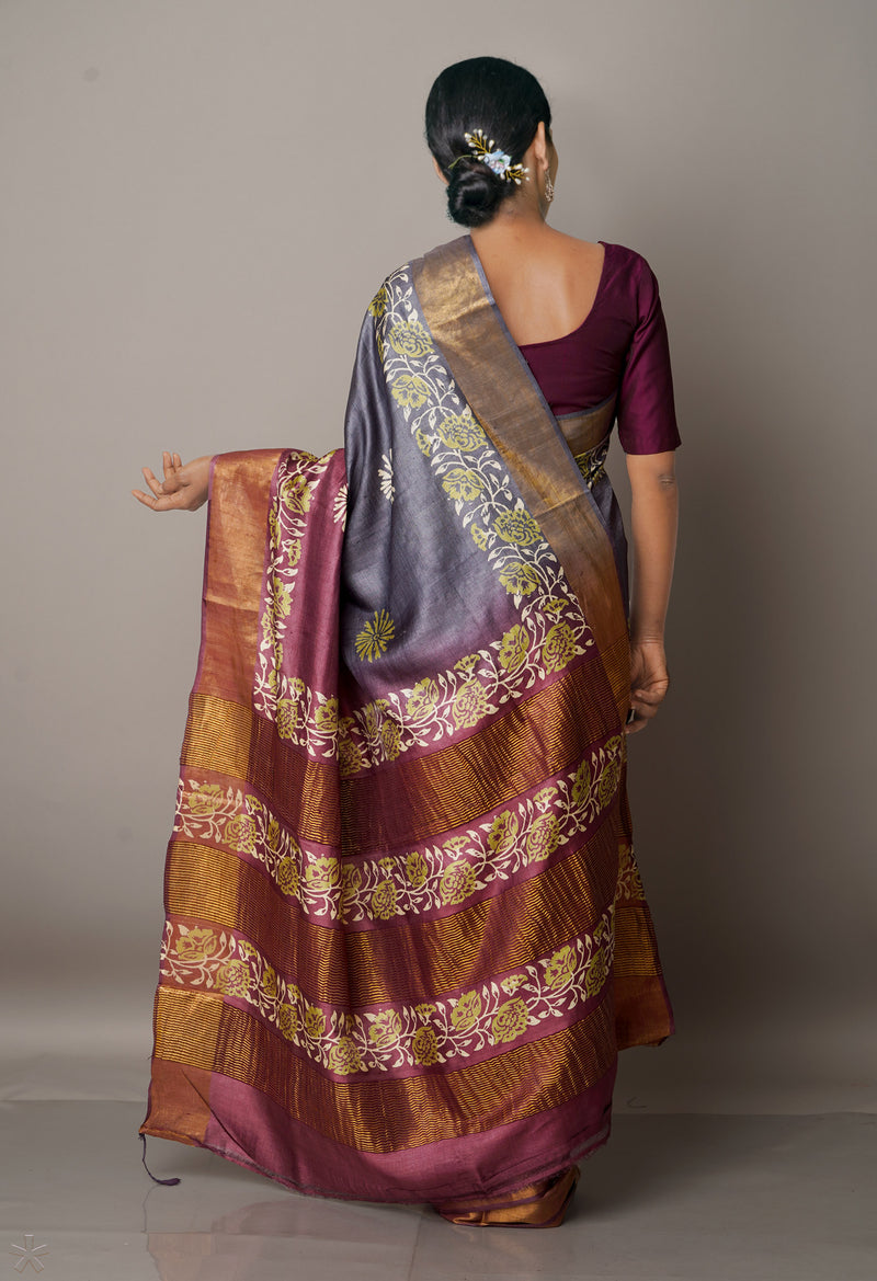 Grey-Purple Pure Handloom Bengal Tussar Silk Saree-UNM67124