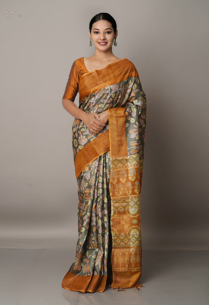 GreenBrown Pure Handloom Bengal Tussar Silk Saree-UNM67131