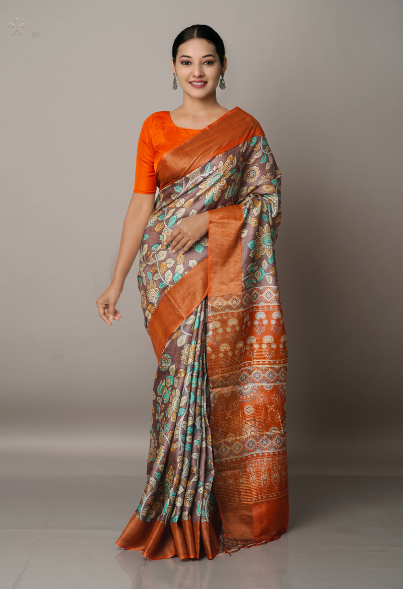 Purple-Orange Pure Handloom Bengal Tussar Silk Saree-UNM67132