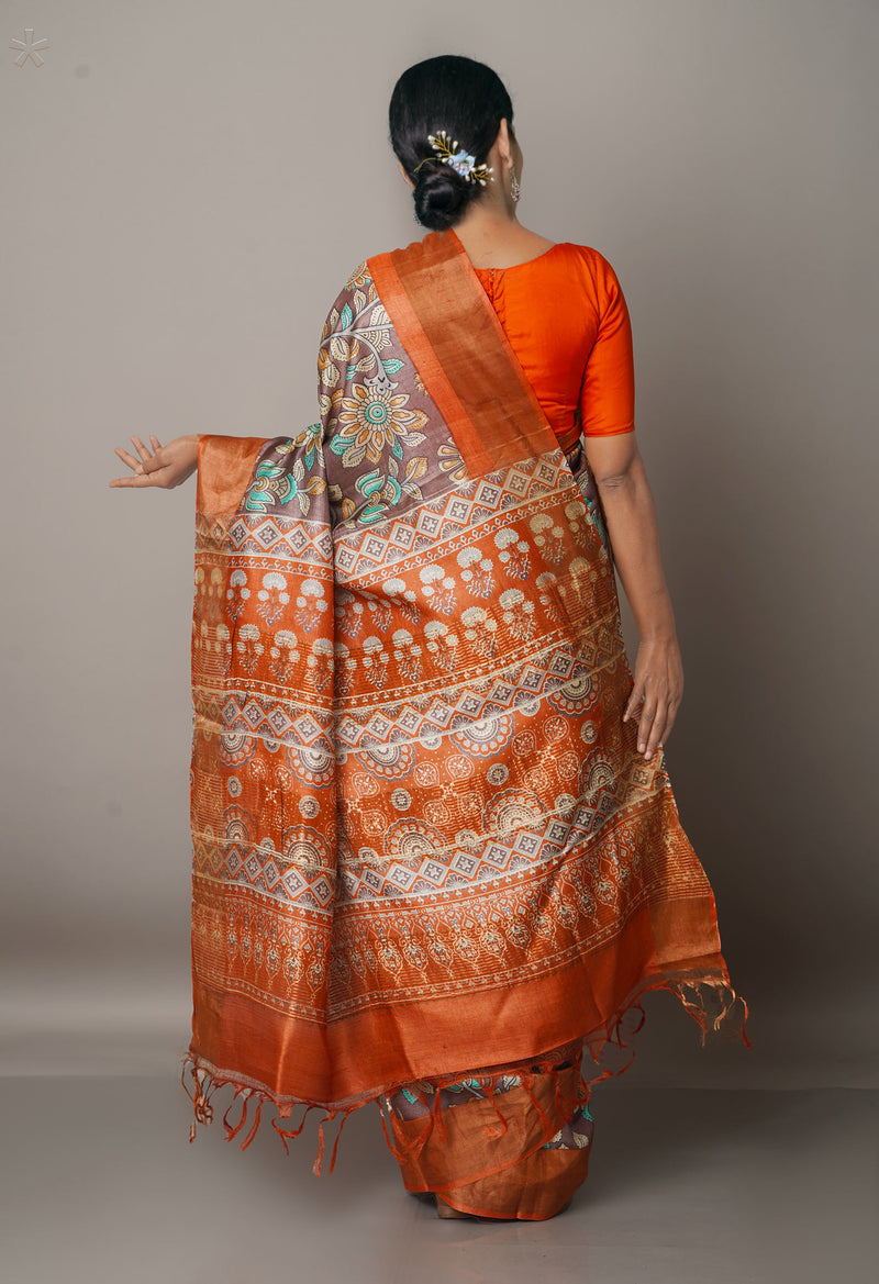 Purple-Orange Pure Handloom Bengal Tussar Silk Saree-UNM67132