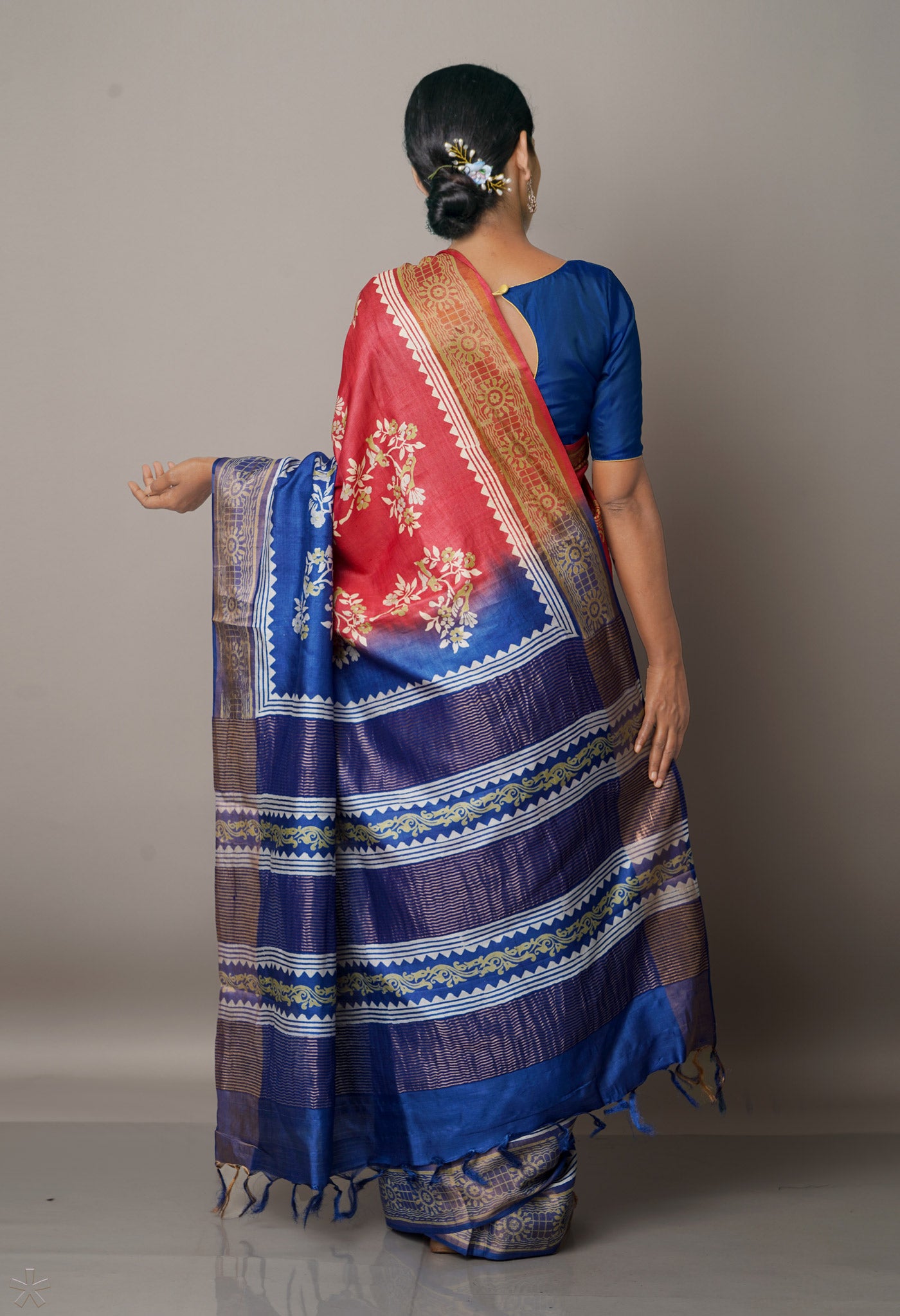 Red-Blue Pure Handloom Bengal Tussar Silk Saree-UNM67134