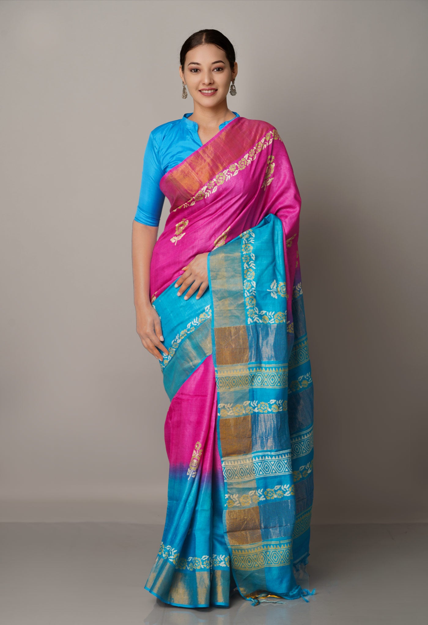 Pink-Blue Pure Handloom Bengal Tussar Silk Saree-UNM67138