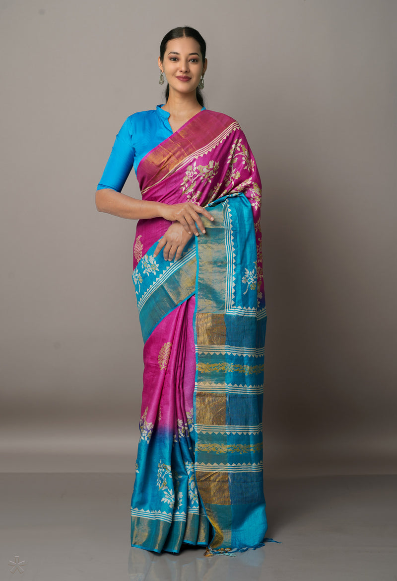 Pink-Blue Pure Handloom Bengal Tussar Silk Saree-UNM67139