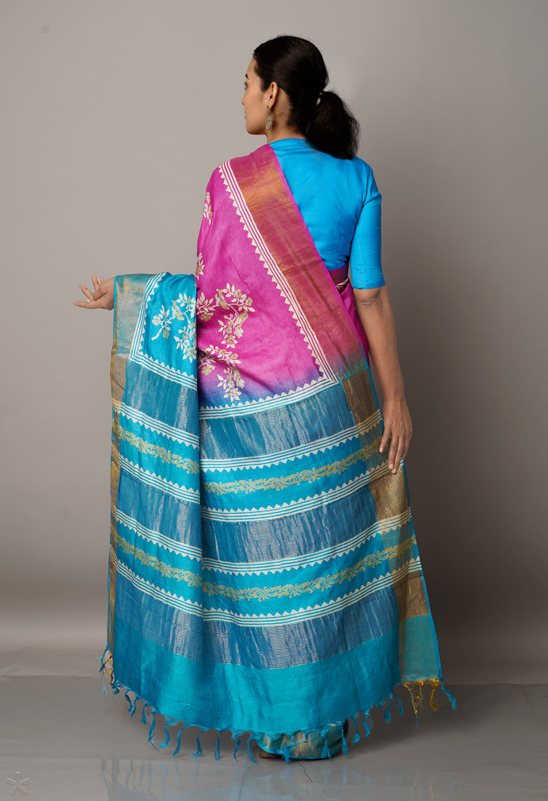 Pink-Blue Pure Handloom Bengal Tussar Silk Saree-UNM67139