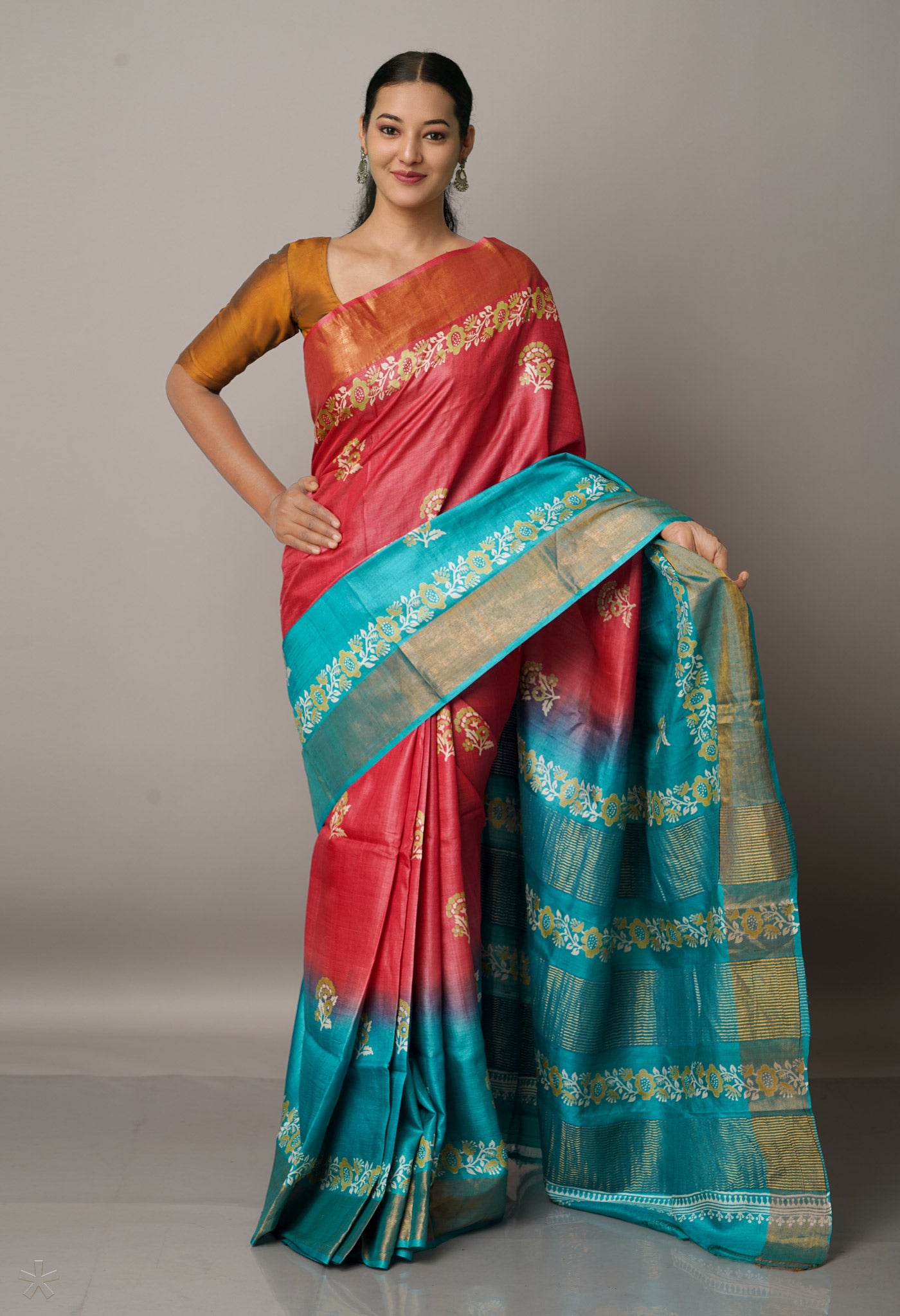 Red-Green Pure Handloom Bengal Tussar Silk Saree-UNM67142