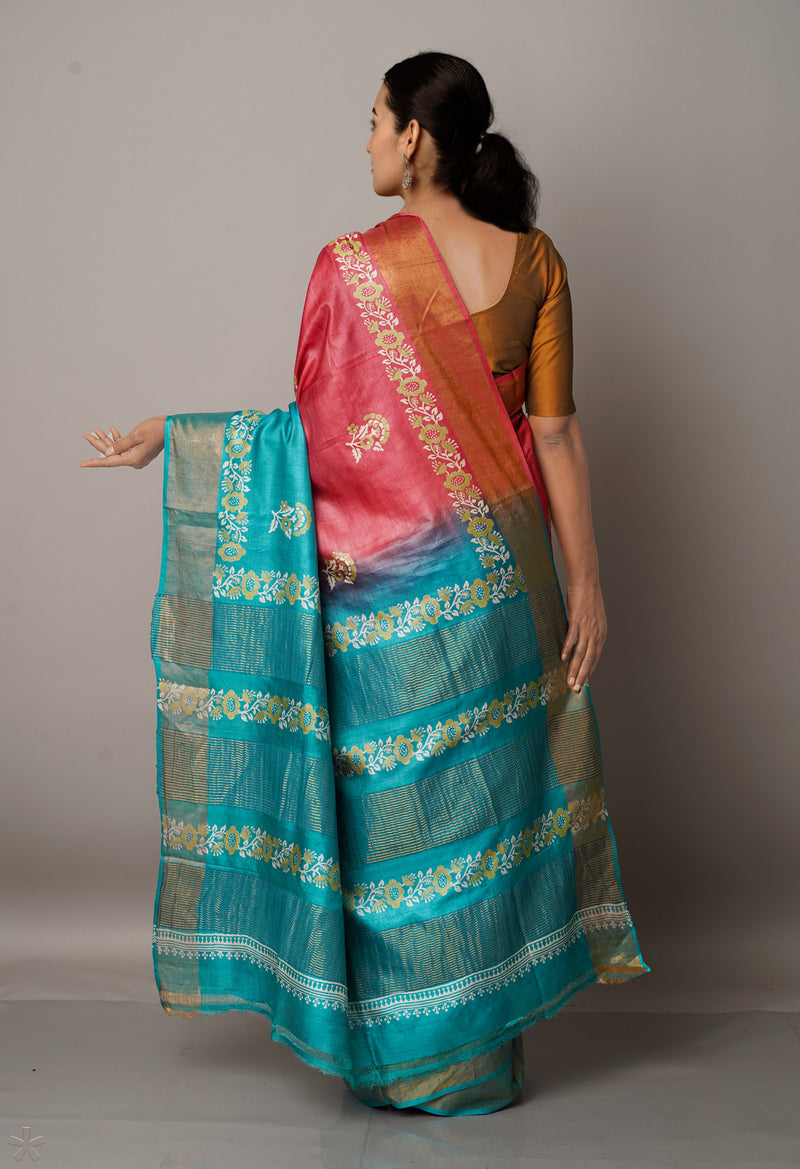 Red-Green Pure Handloom Bengal Tussar Silk Saree-UNM67142