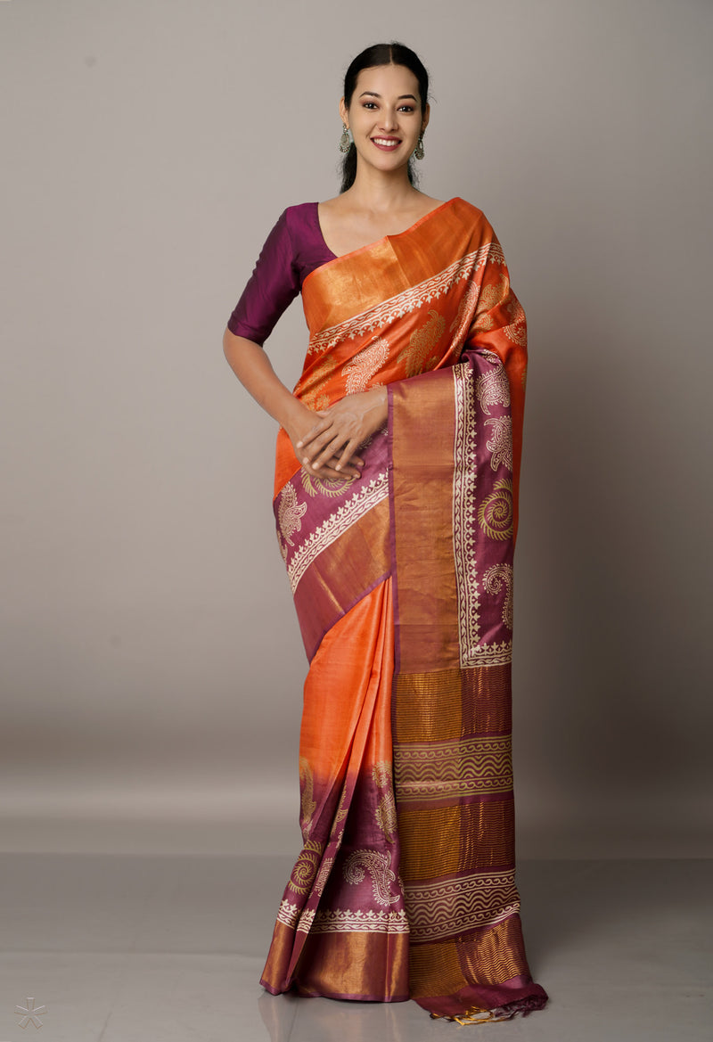 Orange-Purple Pure Handloom Bengal Tussar Silk Saree-UNM67144