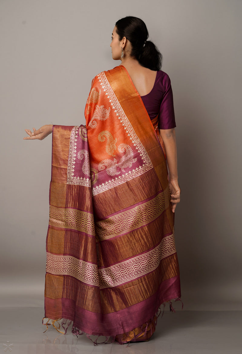 Orange-Purple Pure Handloom Bengal Tussar Silk Saree-UNM67144