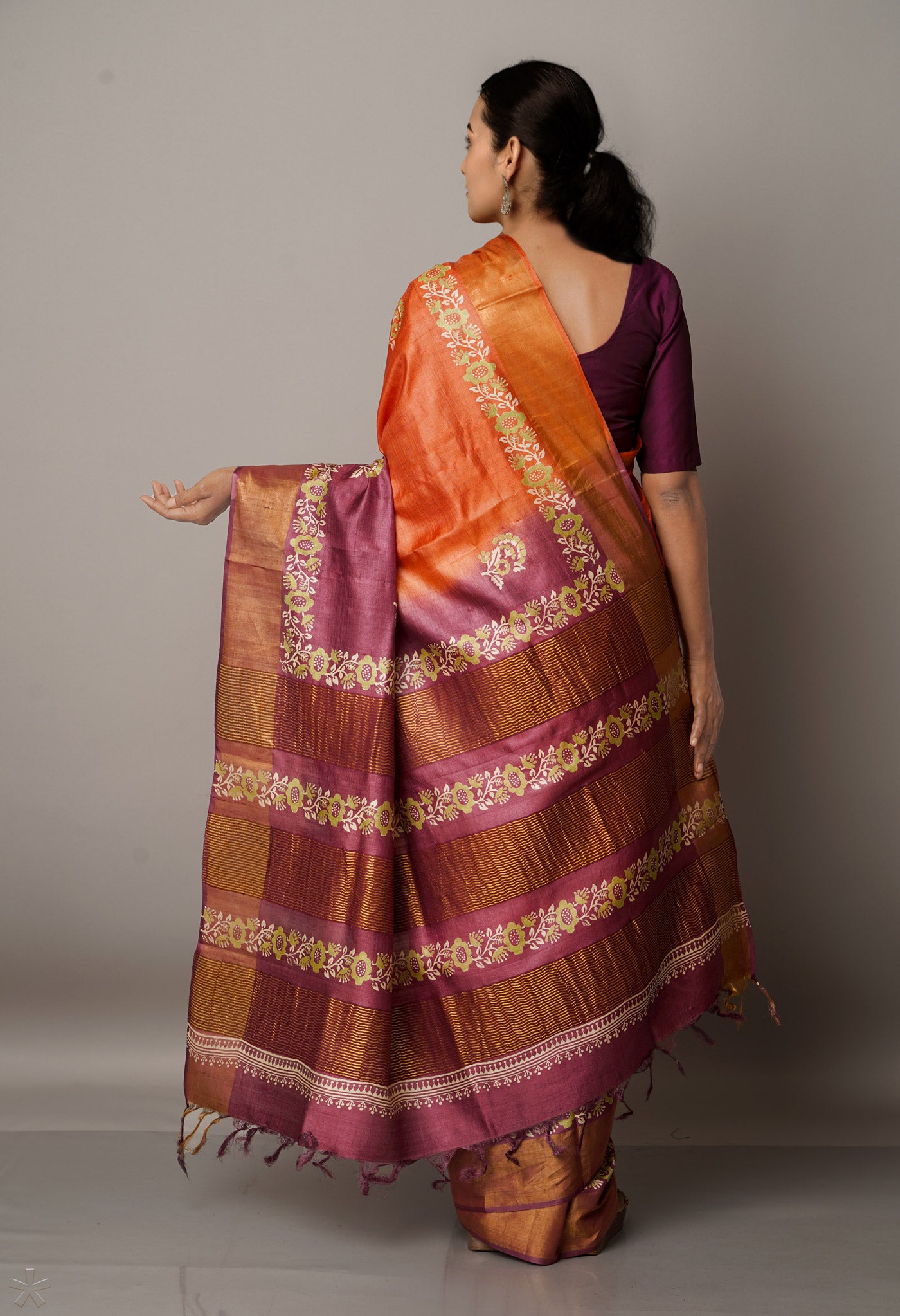 Orange-Purple Pure Handloom Bengal Tussar Silk Saree-UNM67146