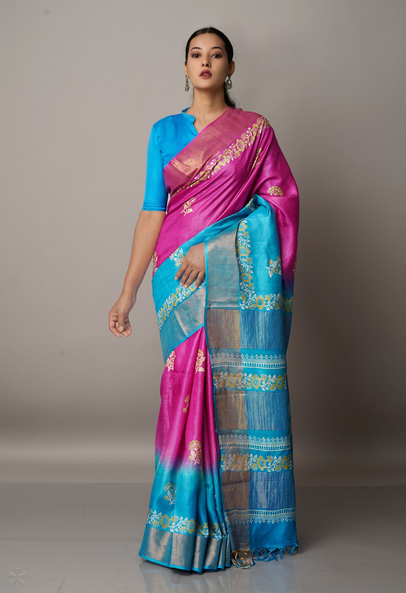 Pink-Blue Pure Handloom Bengal Tussar Silk Saree-UNM67147