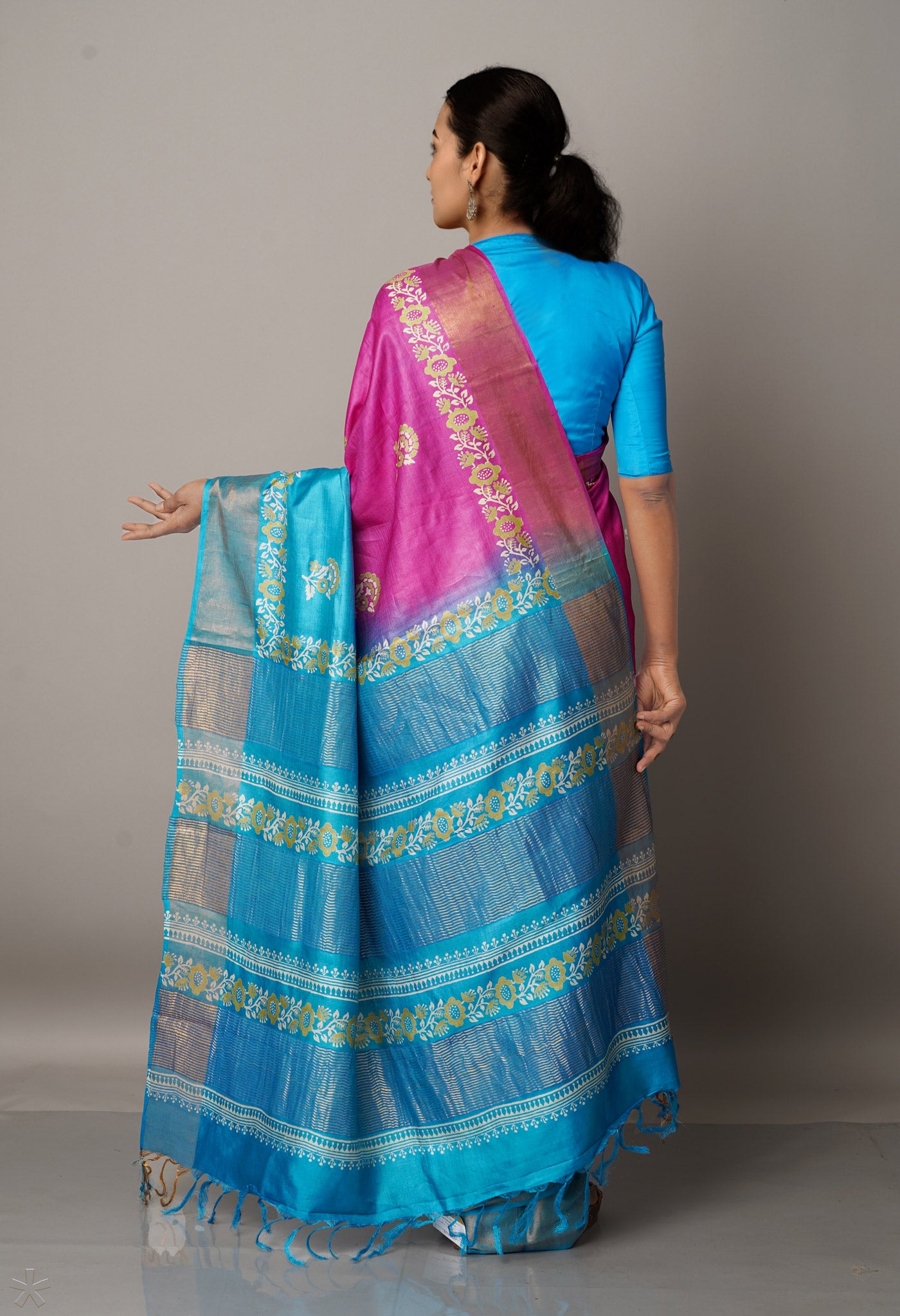 Pink-Blue Pure Handloom Bengal Tussar Silk Saree-UNM67147