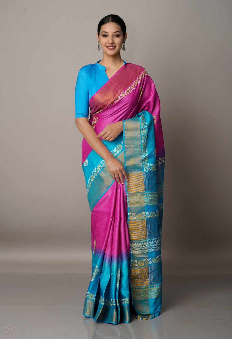Purple-Pink Pure Handloom Bengal Tussar Silk Saree-UNM67148