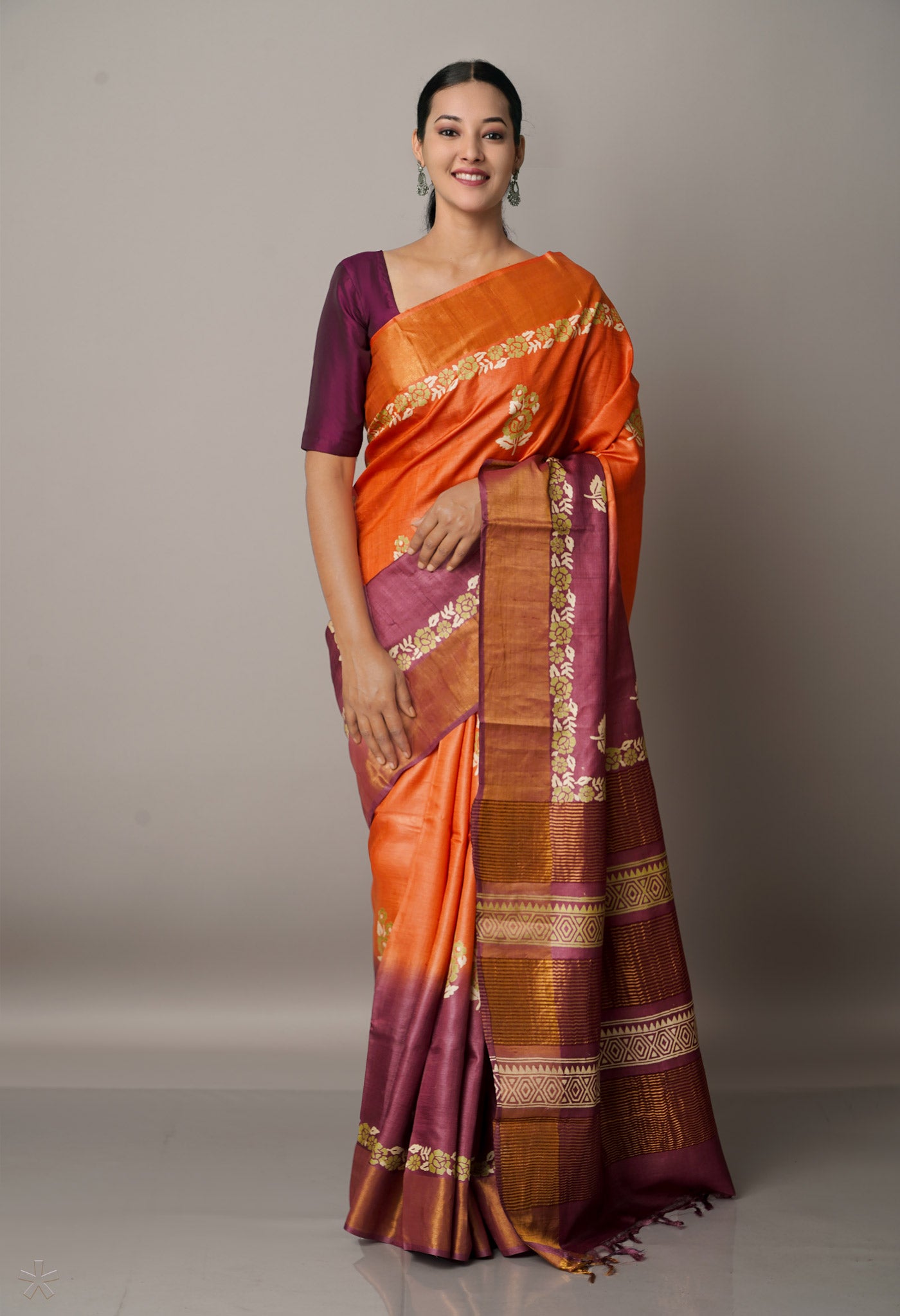 Orange-Purple Pure Handloom Bengal Tussar Silk Saree-UNM67150