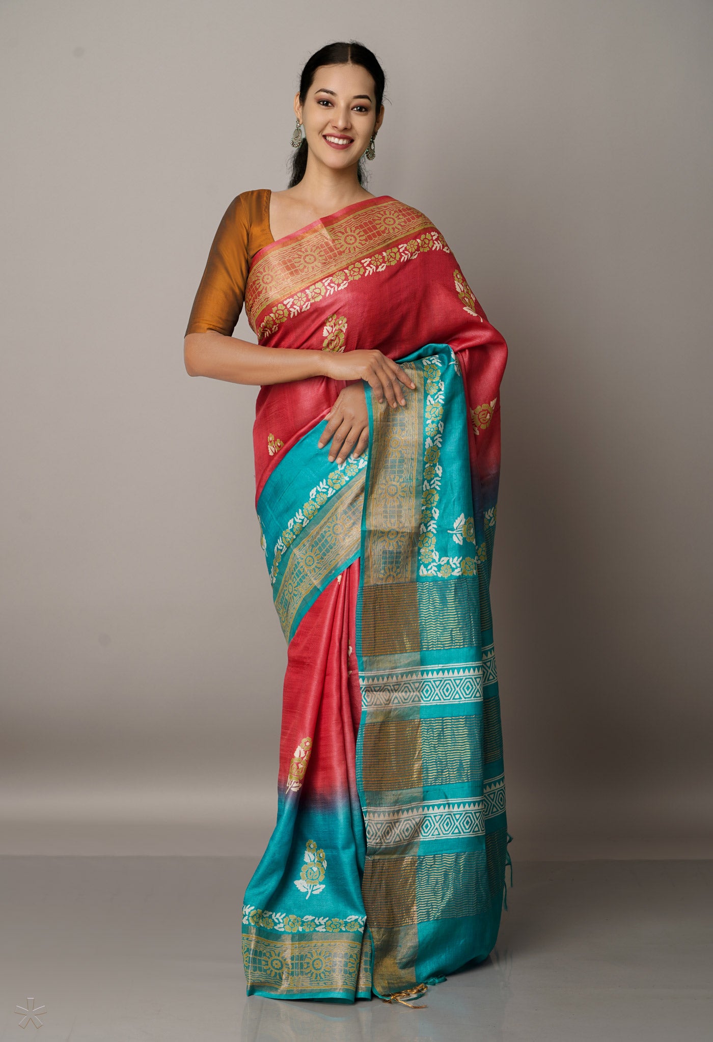 Red-Green Pure Handloom Bengal Tussar Silk Saree-UNM67152
