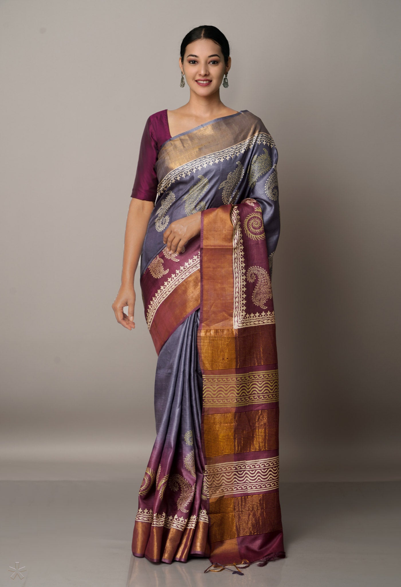 Grey-Purple Pure Handloom Bengal Tussar Silk Saree-UNM67154