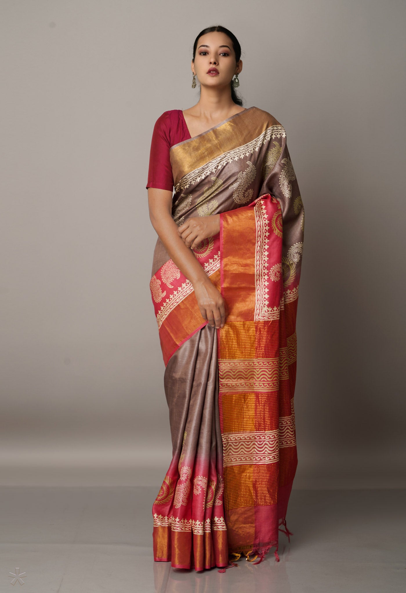 Brown-Red Pure Handloom Bengal Tussar Silk Saree-UNM67155