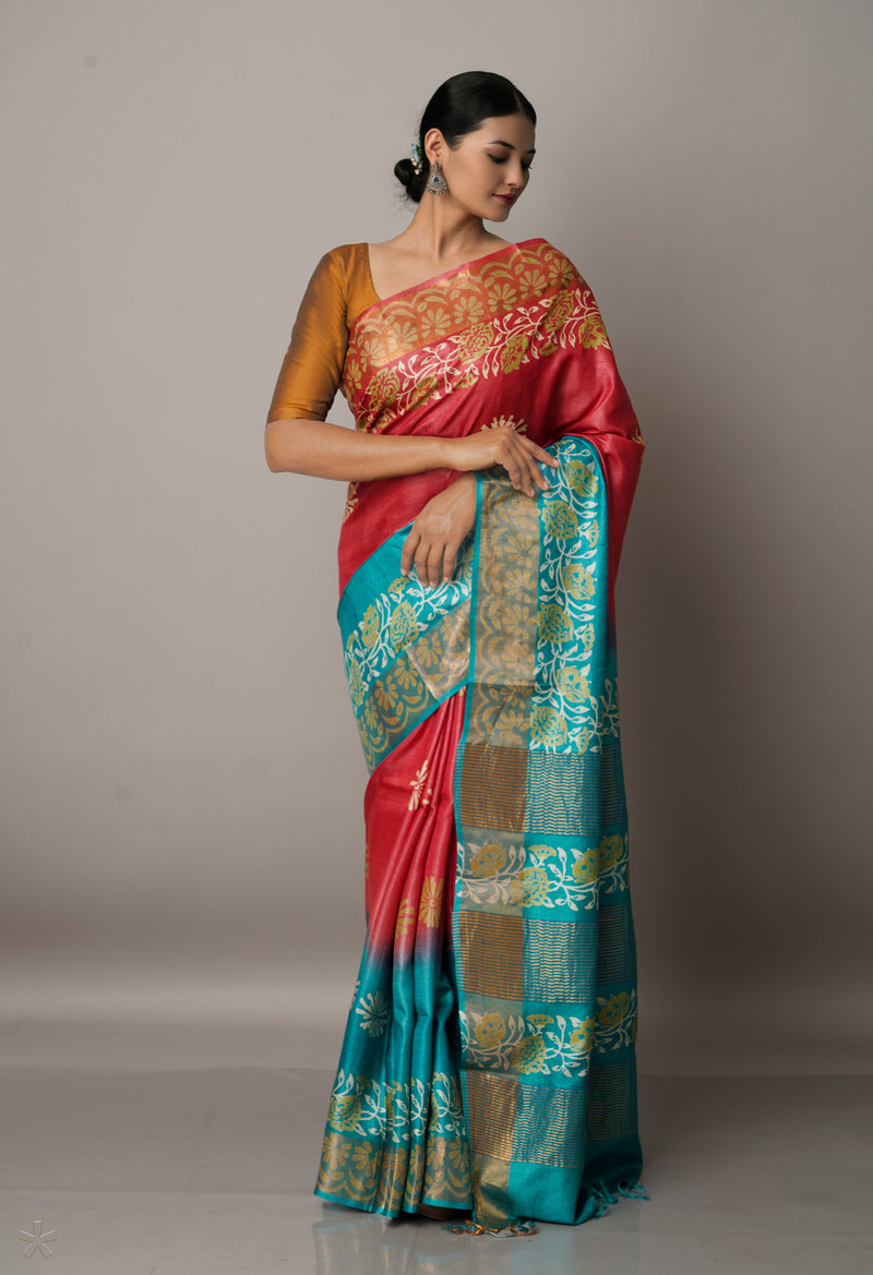 Red-Green Pure Handloom Bengal Tussar Silk Saree-UNM67158