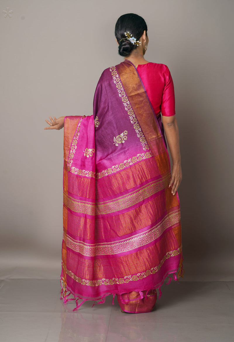 Purple-Pink Pure Handloom Bengal Tussar Silk Saree-UNM67163