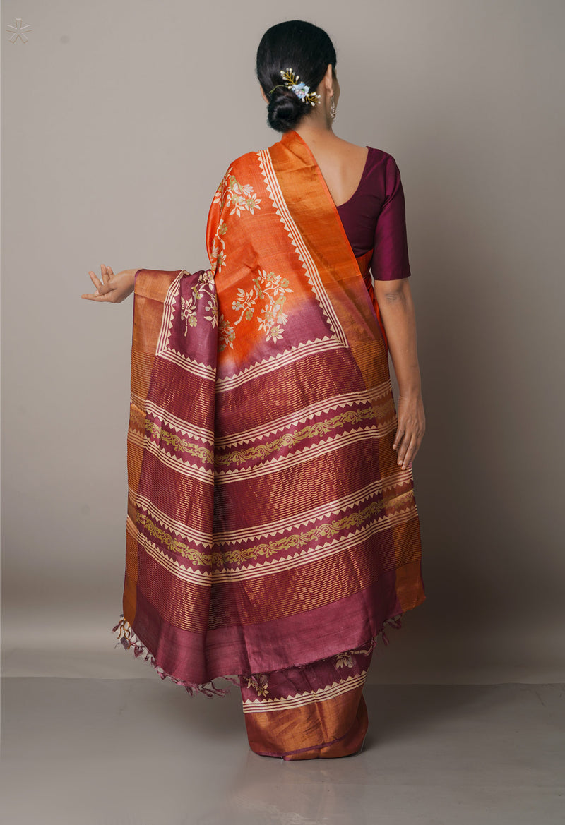 Orange-Purple Pure Handloom Bengal Tussar Silk Saree-UNM67165