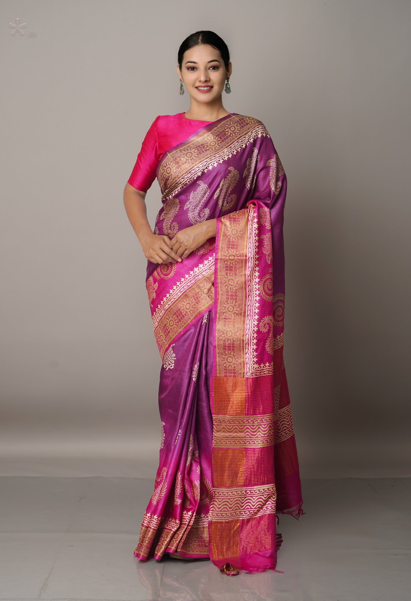Purple-Pink Pure Handloom Bengal Tussar Silk Saree-UNM67167