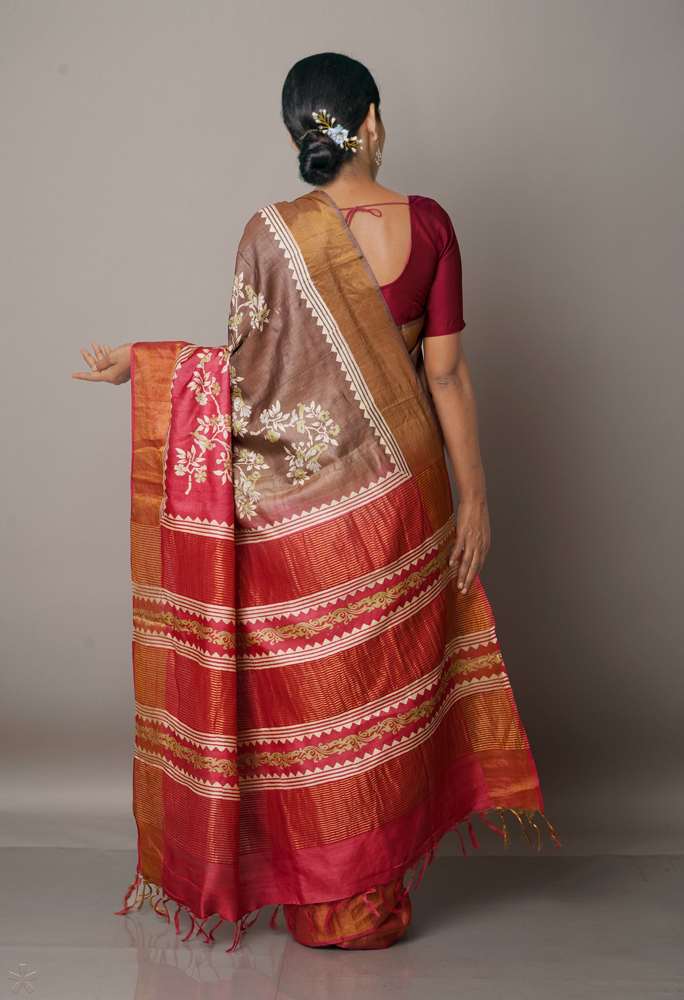 Brown-Red Pure Handloom Bengal Tussar Silk Saree-UNM67168