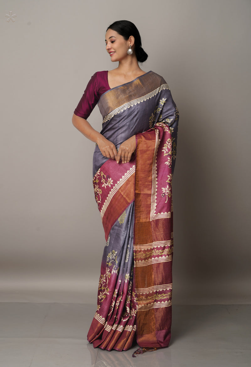 Grey-Purple Pure Handloom Bengal Tussar Silk Saree-UNM67169