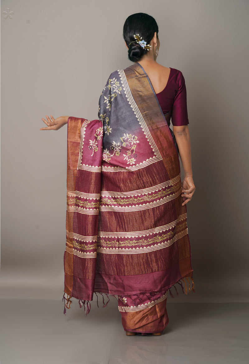 Grey-Purple Pure Handloom Bengal Tussar Silk Saree-UNM67169