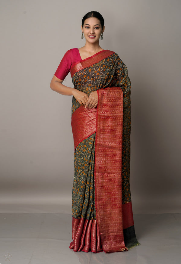 Dark Green-Maroon  Block Printed Maheshwari Sico Saree-UNM67170