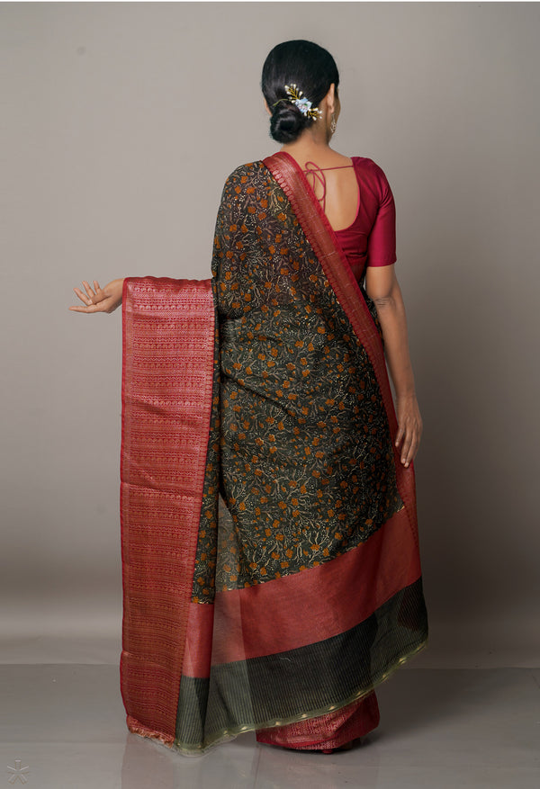 Dark Green-Maroon  Block Printed Maheshwari Sico Saree-UNM67170