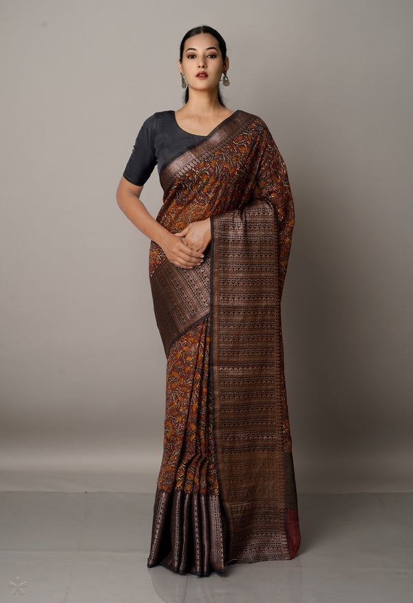 Maroon-Dark Brown  Block Printed Maheshwari Sico Saree-UNM67172