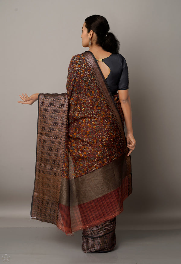 Maroon-Dark Brown  Block Printed Maheshwari Sico Saree-UNM67172